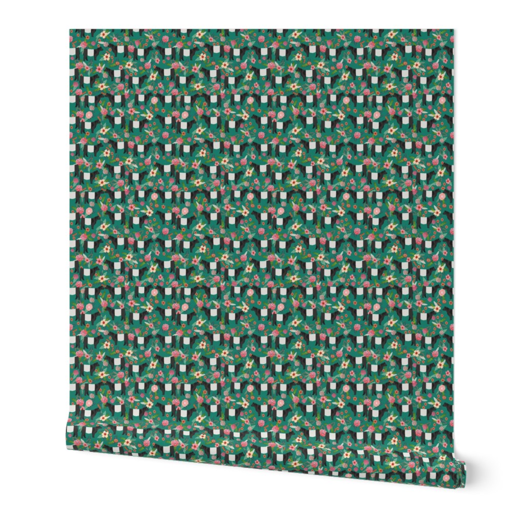 belted galloway floral cow fabric - floral fabric, cow fabric, cattle fabric, farm animals fabric, barn fabric, cattle fabric by the yard, cow fabric by the yard -  dark green