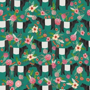 belted galloway floral cow fabric - floral fabric, cow fabric, cattle fabric, farm animals fabric, barn fabric, cattle fabric by the yard, cow fabric by the yard -  dark green