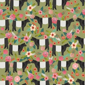 belted galloway floral cow fabric - floral fabric, cow fabric, cattle fabric, farm animals fabric, barn fabric, cattle fabric by the yard, cow fabric by the yard - green