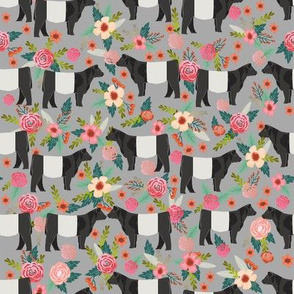 belted galloway floral cow fabric - floral fabric, cow fabric, cattle fabric, farm animals fabric, barn fabric, cattle fabric by the yard, cow fabric by the yard - grey