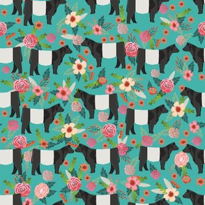 belted galloway floral cow fabric - floral fabric, cow fabric, cattle fabric, farm animals fabric, barn fabric, cattle fabric by the yard, cow fabric by the yard - teal