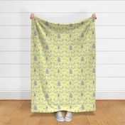 9x18-Inch Half-Drop Repeat of Rabbits, Mushrooms, Butterflies, and Boats on Light Yellow Background