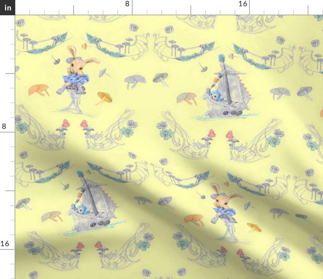 9x18-Inch Half-Drop Repeat of Rabbits, Mushrooms, Butterflies, and Boats on Light Yellow Background