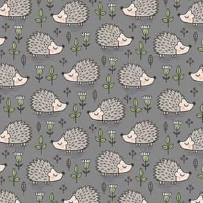 Hedgehog with Leaves and Flowers on Dark Grey Smaller 1,5 inch