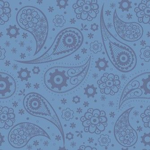 Steampunk Paisley with Flowers and Gears in Periwinkle Blue.