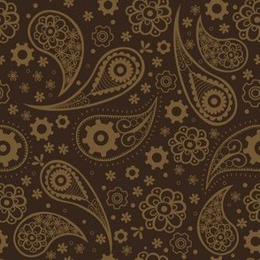 Steampunk Paisley with Flowers and Gears in Dark Brown and Gold.