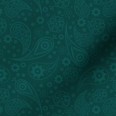 Steampunk Paisley with Flowers and Gears in Lagoon Green