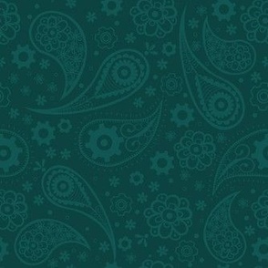 Steampunk Paisley with Flowers and Gears in Lagoon Green