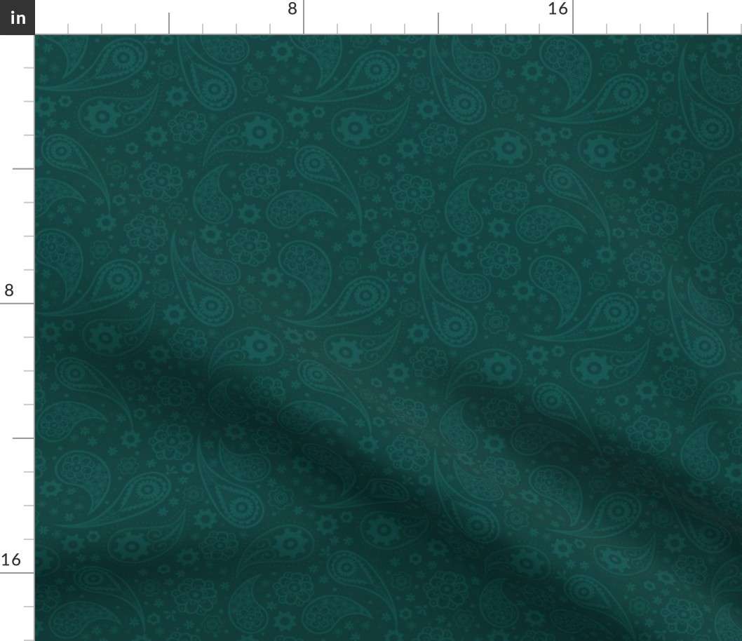 Steampunk Paisley with Flowers and Gears in Lagoon Green