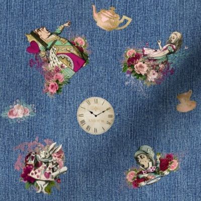 Alice in Wonderland Characters on Blue Denim Texture Background