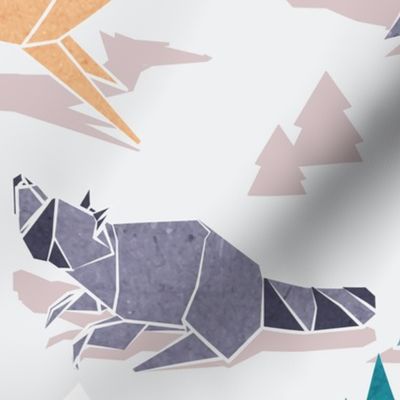 Large jumbo scale // Origami woodland I // beige background orange teal white and violet animals