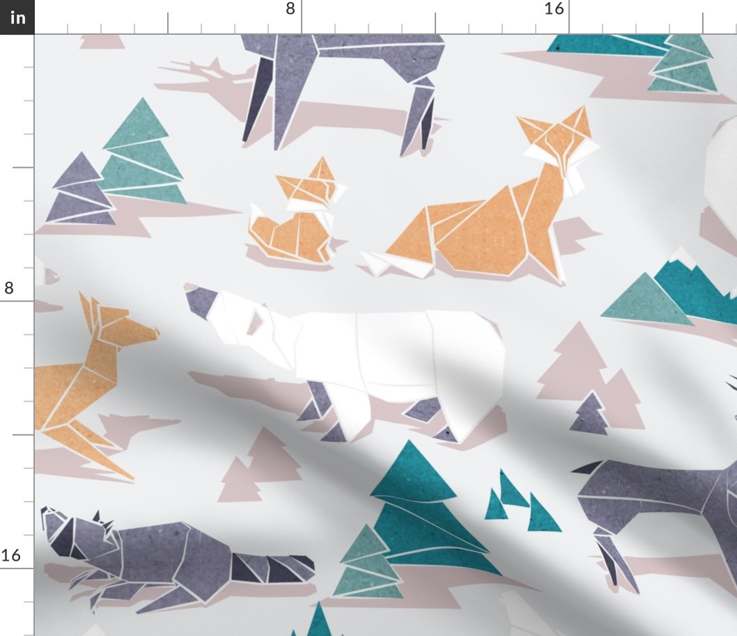 Large jumbo scale // Origami woodland I // beige background orange teal white and violet animals