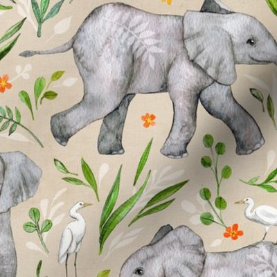 Baby Elephants and Egrets in Watercolor - neutral, large print