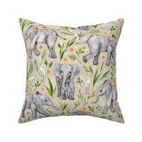 Baby Elephants and Egrets in Watercolor - neutral, large print