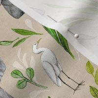 Baby Elephants and Egrets in Watercolor - neutral, large print