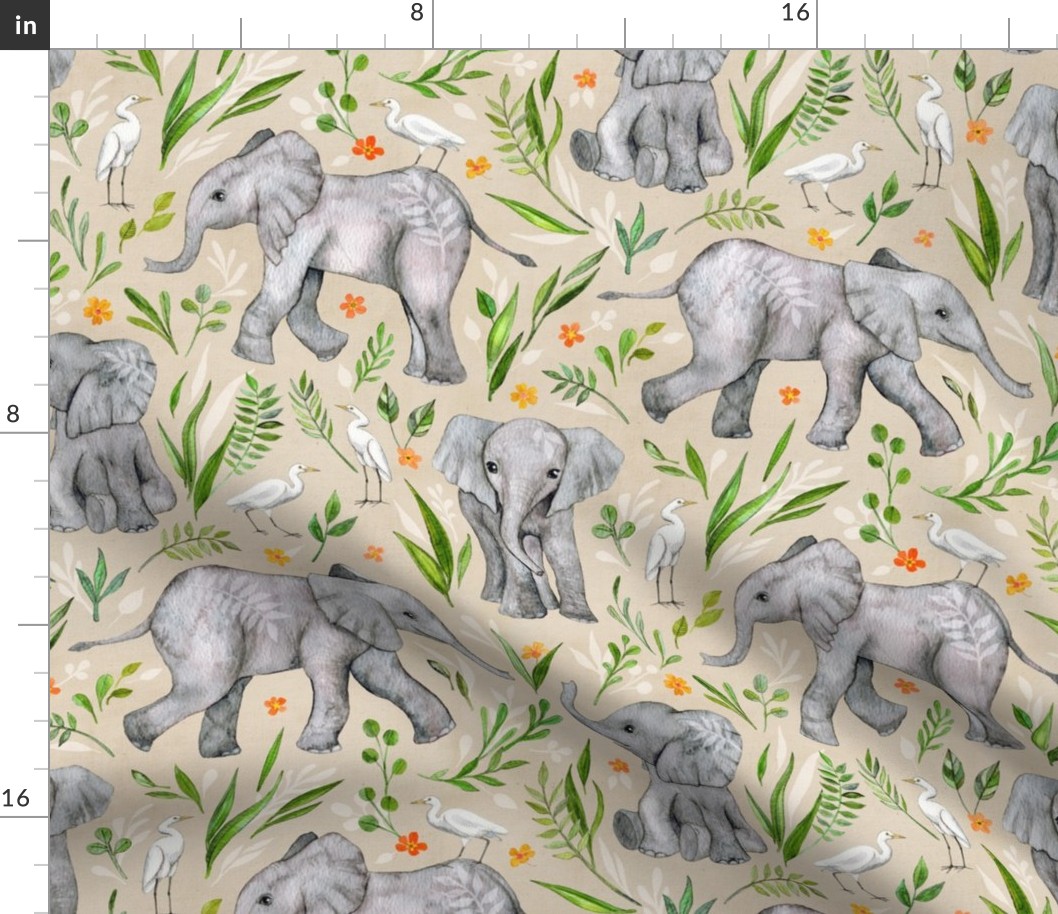 Baby Elephants and Egrets in Watercolor - neutral, large print