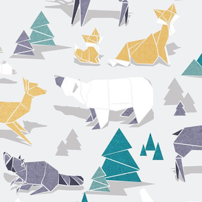 Large jumbo scale // Origami woodland III // beige background yellow teal white and violet animals