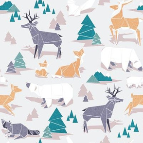 Small scale // Origami woodland I // beige background orange teal white and violet animals