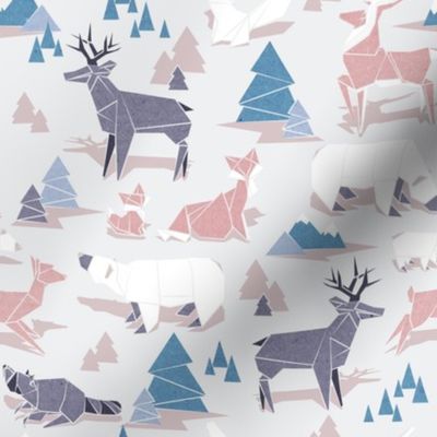 Small scale // Origami woodland II // beige background pink blue white and violet animals