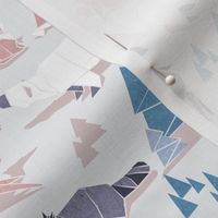 Small scale // Origami woodland II // beige background pink blue white and violet animals