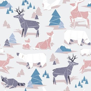 Small scale // Origami woodland II // beige background pink blue white and violet animals