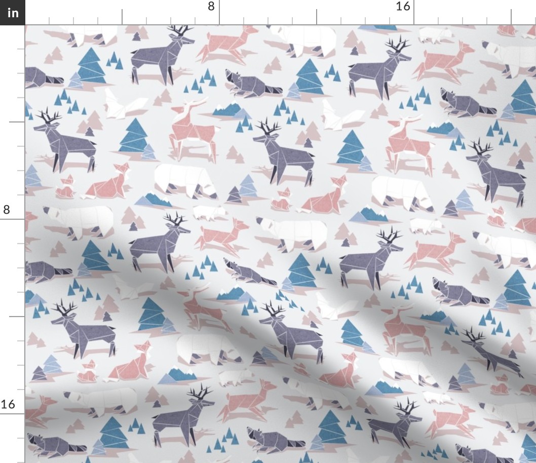 Small scale // Origami woodland II // beige background pink blue white and violet animals