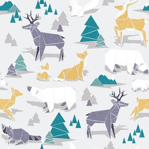 Small scale // Origami woodland III // beige background yellow teal white and violet animals