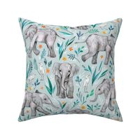 Baby Elephants and Egrets in Watercolor - eggshell blue, large print