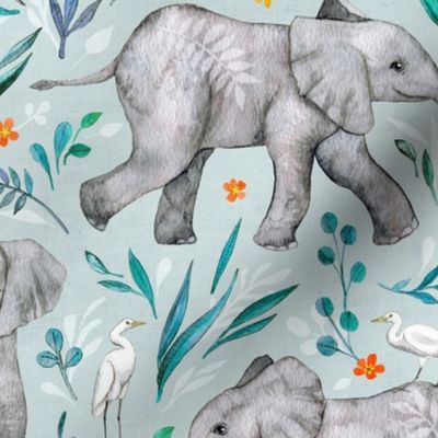 Baby Elephants and Egrets in Watercolor - eggshell blue, large print