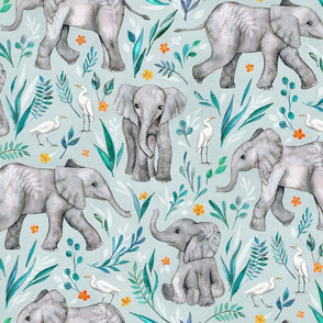 Baby Elephants and Egrets in Watercolor - eggshell blue, large print