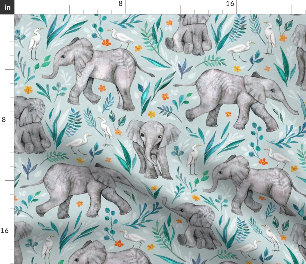 Baby Elephants and Egrets in Watercolor - eggshell blue, large print