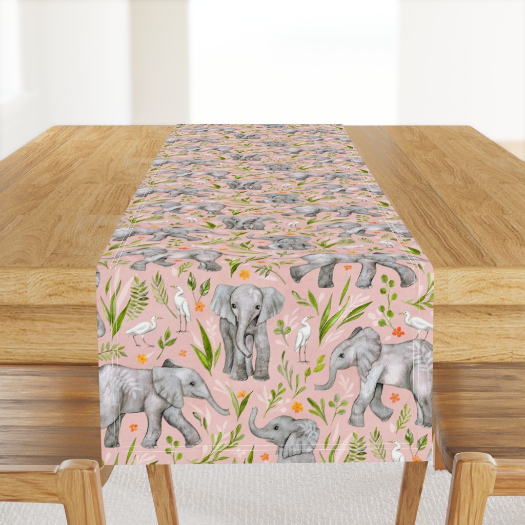 Baby Elephants and Egrets in watercolor - blush pink, large print