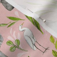 Baby Elephants and Egrets in watercolor - blush pink, large print