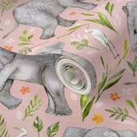 Baby Elephants and Egrets in watercolor - blush pink, large print