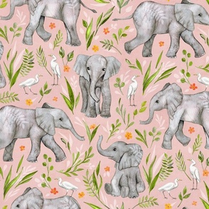 Baby Elephants and Egrets in watercolor - blush pink, large print
