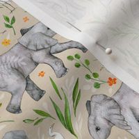 Baby Elephants and Egrets in Watercolor - neutral, small print