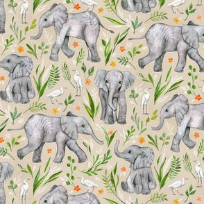 Baby Elephants and Egrets in Watercolor - neutral, small print