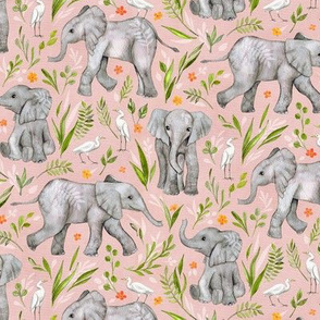 Baby Elephants and Egrets in watercolor - blush pink, small print