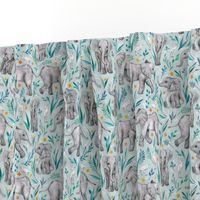 Baby Elephants and Egrets in Watercolor - eggshell blue, small print