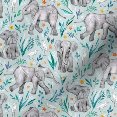 Baby Elephants and Egrets in Watercolor - eggshell blue, small print