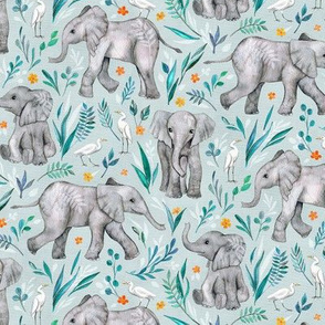 Baby Elephants and Egrets in Watercolor - eggshell blue, small print