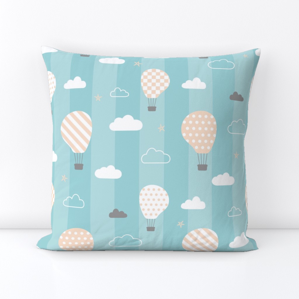 Retro Balloons clouds pastel blue kids striped Wallpaper