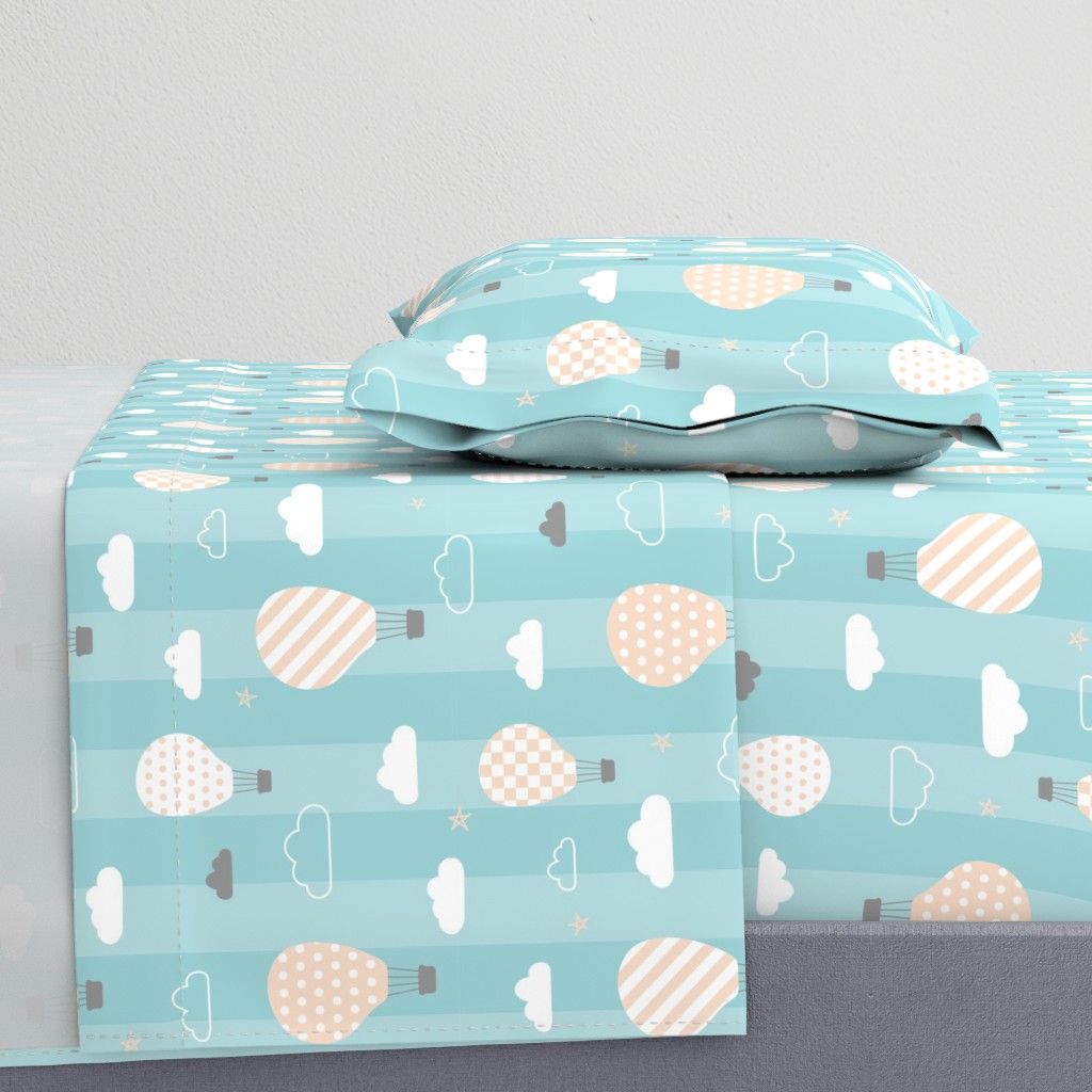 Retro Balloons clouds pastel blue kids striped Wallpaper