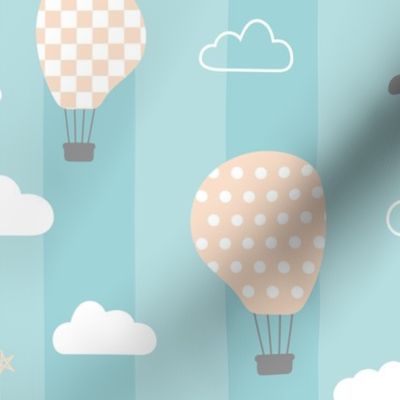 Retro Balloons clouds pastel blue kids striped Wallpaper