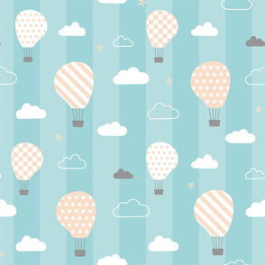 Retro Balloons clouds pastel blue kids striped Wallpaper
