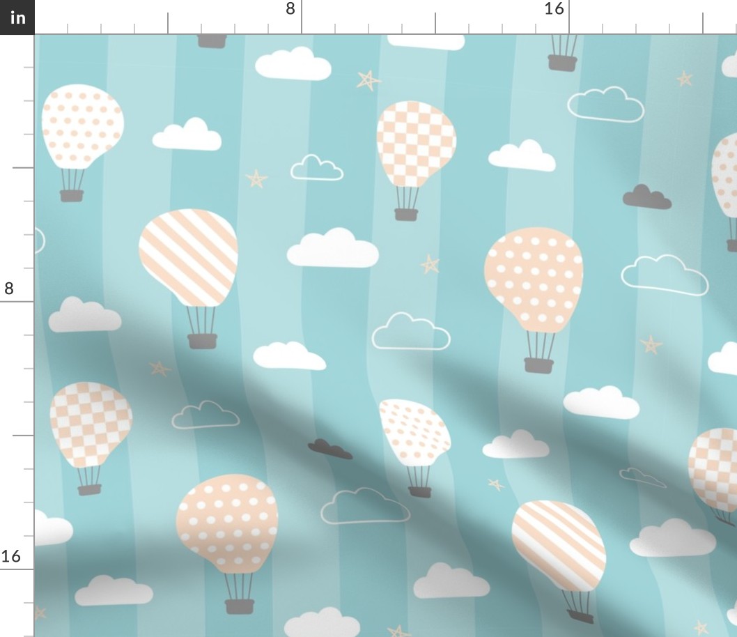 Retro Balloons clouds pastel blue kids striped Wallpaper