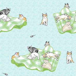 kittens on a green blanket blue backgroundA black