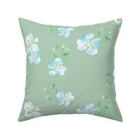 Blue watercolor flowers on green.  Use the design for crib bedding, scrub cap, duvet covers or bathroom wallpaper. 