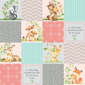 Cute Patchwork Quilt Top - Wholecloth Panel Woodland Animals Baby Girl- Coral, Steel, Mint