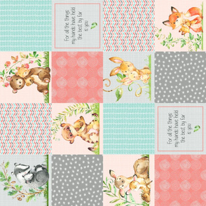 Cute Patchwork Quilt Top ROTATED - Wholecloth Panel Woodland Animals Baby Girl- Coral, Steel, Mint